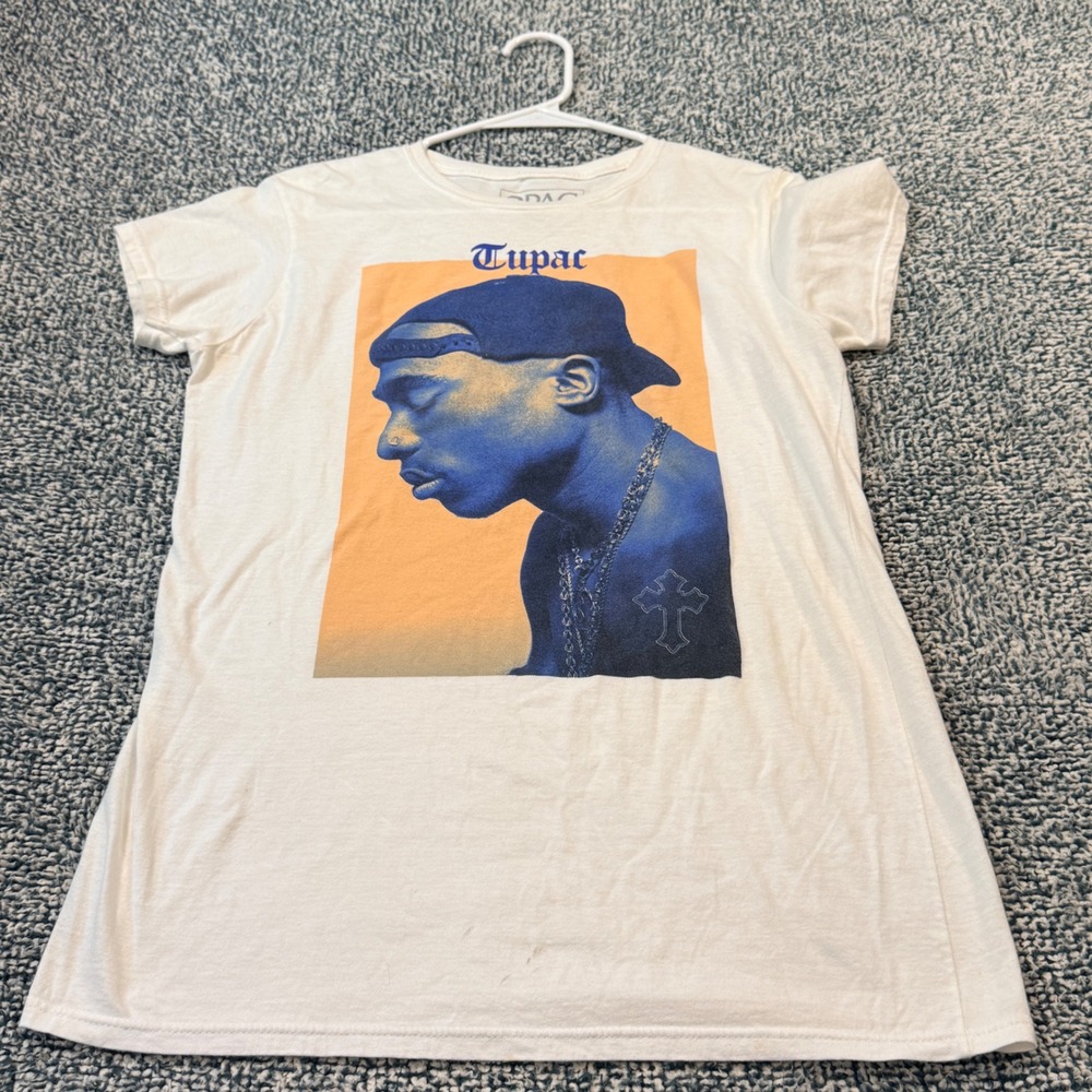 2Pac Tupac Shakur Graphic T-Shirt Mens XL White Blue Portrait Hip Hop Tee